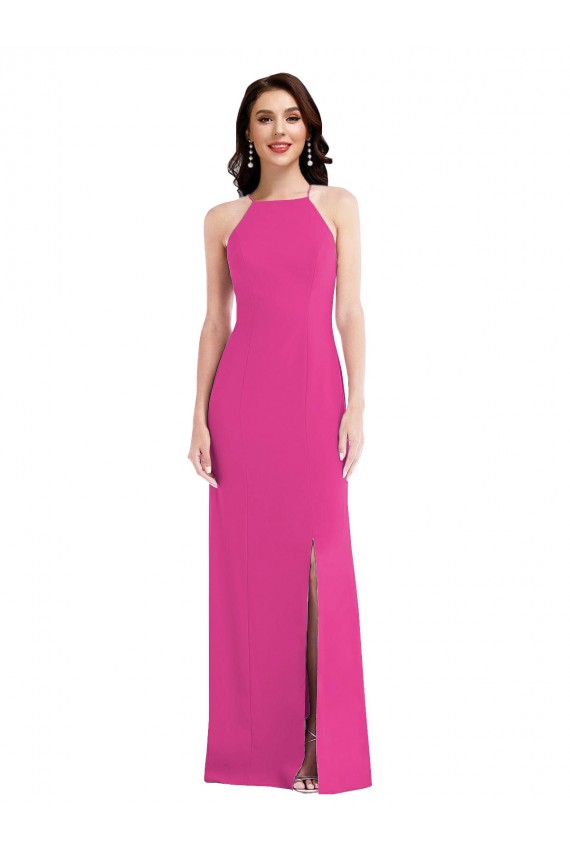 Discount Open Back High Neck Halter Trumpet Formal Crepe Bridesmaid Dress / Prom Dress