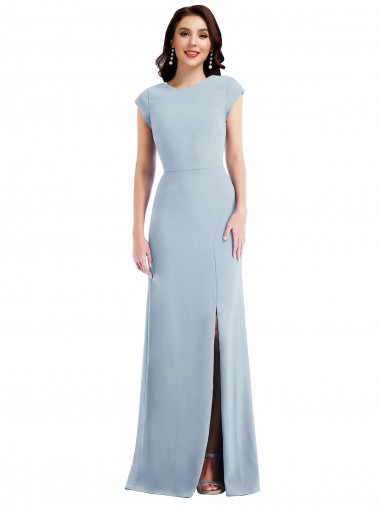 Discount Cap Sleeve Open Back Trumpet Formal Crepe Bridesmaid Dress / Prom Dress with Front Slit