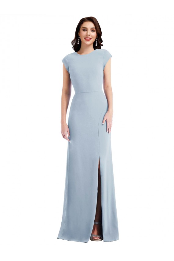 Discount Cap Sleeve Open Back Trumpet Formal Crepe Bridesmaid Dress / Prom Dress with Front Slit