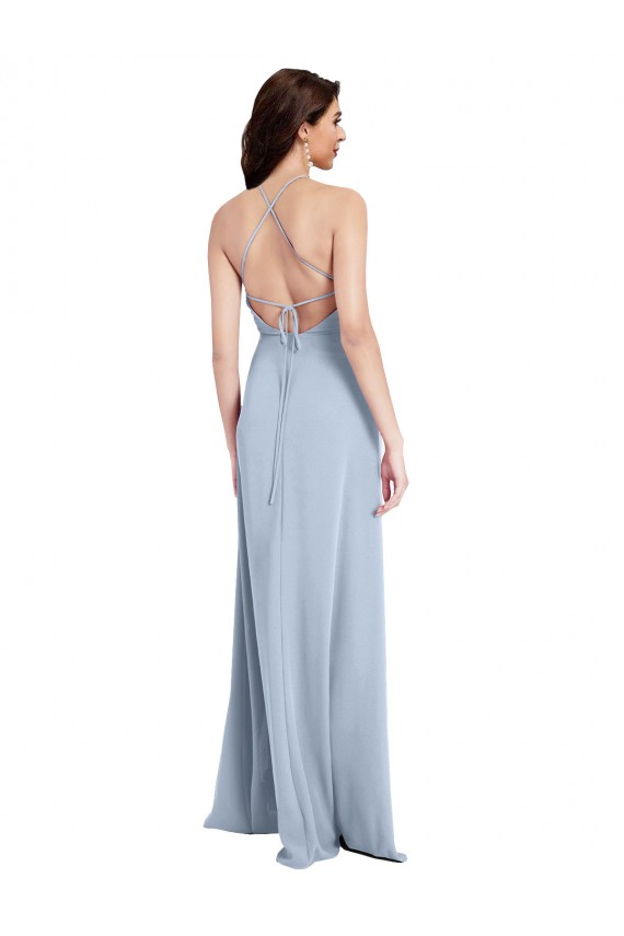 Discount Fit and Flare High Neck Formal Crepe Bridesmaid Dress / Prom Dress with Side Slit