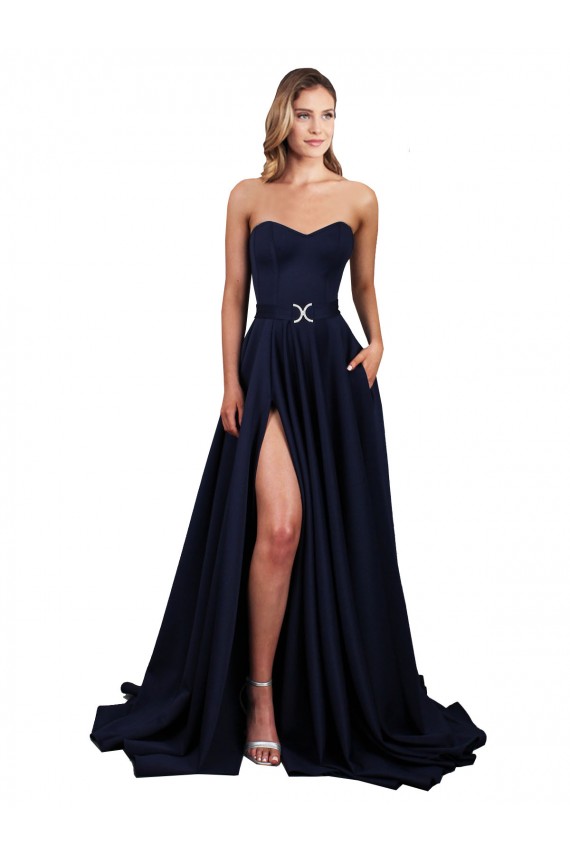 Discount Sweetheart Neckline Low Back Long Formal Crepe Bridesmaid Dress / Prom Dress with Pockets & High Leg Spit