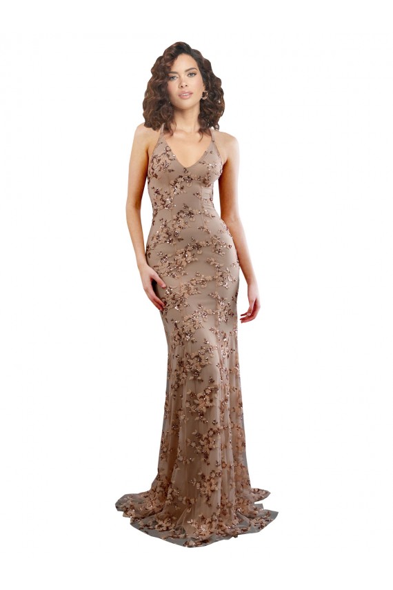 Discount Floral Patterned Backless V-Neckline Sequin Formal Bridesmaid Dress / Prom Dress