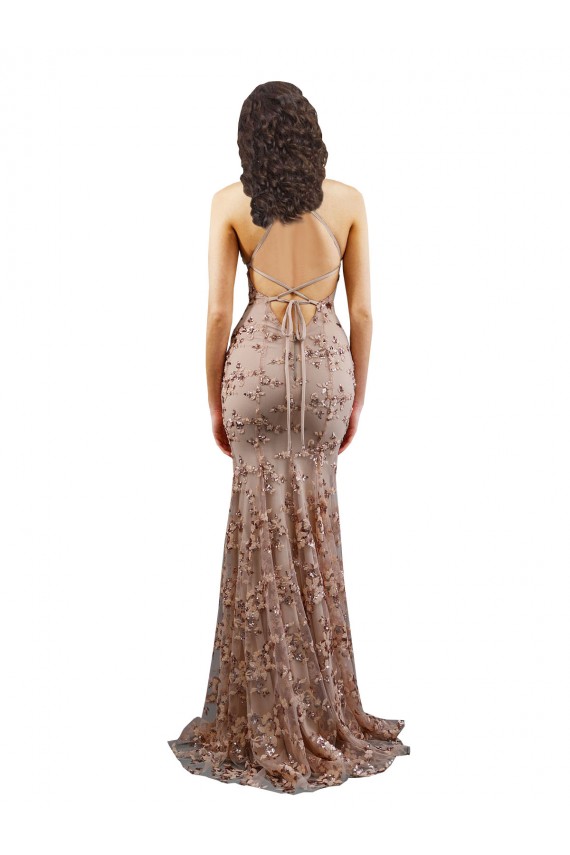 Discount Floral Patterned Backless V-Neckline Sequin Formal Bridesmaid Dress / Prom Dress