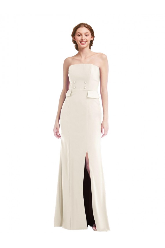 Discount Long Strapless Tuxedo Maxi Bridesmaid Dress / Prom Dress with Front Slit & Pockets