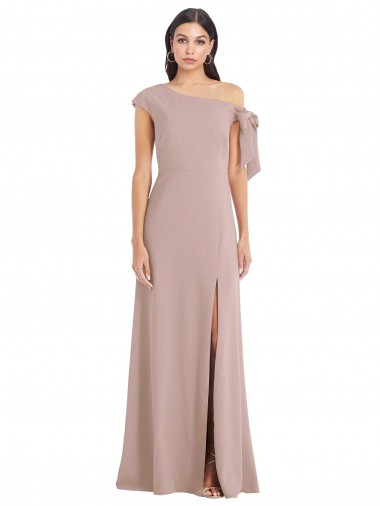 Discount Off the Shoulder Tie Detail Maxi Formal Crepe Bridesmaid Dress / Prom Dress with Front Slit