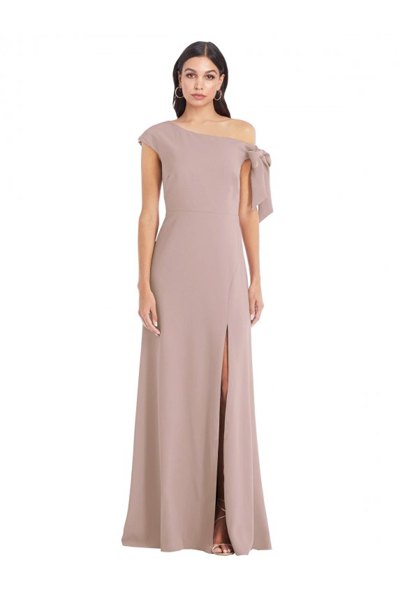 Discount Off the Shoulder Tie Detail Maxi Formal Crepe Bridesmaid Dress / Prom Dress with Front Slit