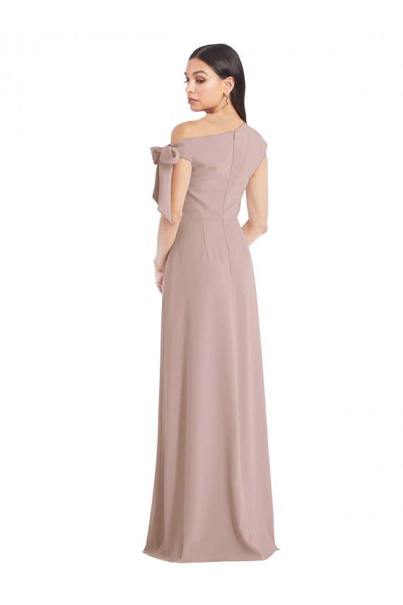 Discount Off the Shoulder Tie Detail Maxi Formal Crepe Bridesmaid Dress / Prom Dress with Front Slit