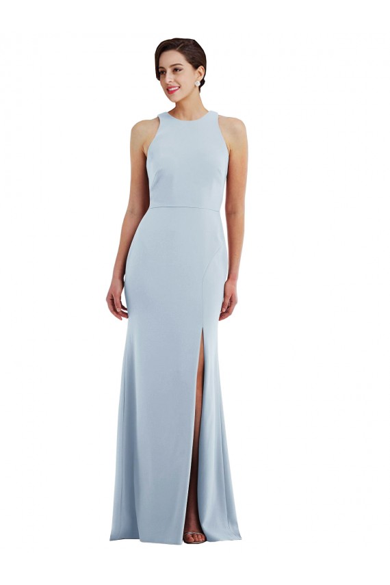 Discount Cutout Open Back Halter Maxi Formal Crepe Bridesmaid Dress / Prom Dress with Scarf Tie