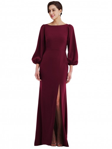 Discount Bishop Sleeve Open Back Trumpet Formal Crepe Bridesmaid Dress / Prom Dress with Scarf Tie