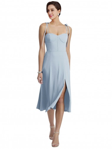 Discount Midi Cocktail Length Bustier Crepe Bridesmaid Dress / Prom Dress with Back Bow Straps