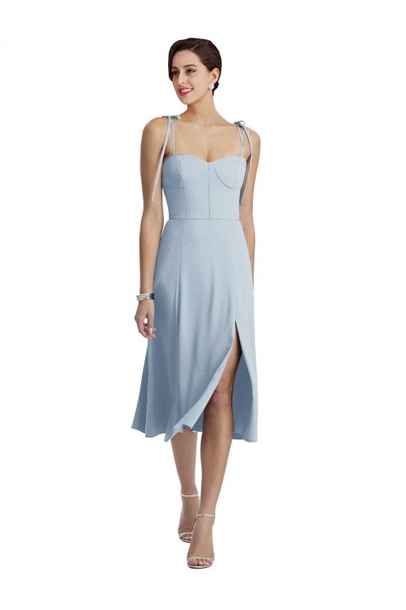 Discount Midi Cocktail Length Bustier Crepe Bridesmaid Dress / Prom Dress with Back Bow Straps