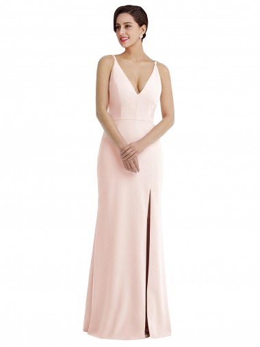 Discount Skinny Strap Deep V-Neck Trumpet Formal Crepe Bridesmaid Dress / Prom Dress with Front Slit