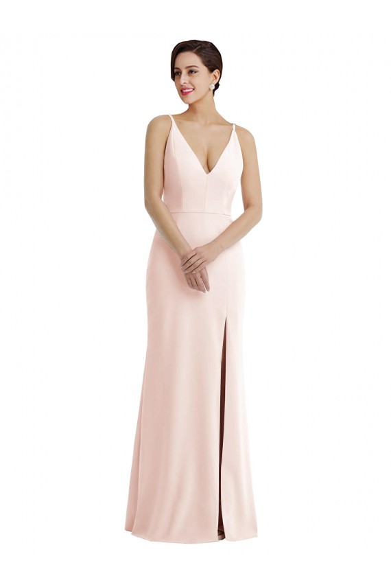 Discount Skinny Strap Deep V-Neck Trumpet Formal Crepe Bridesmaid Dress / Prom Dress with Front Slit