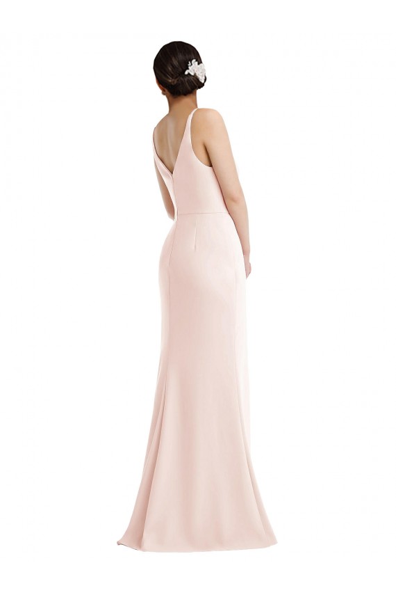 Discount Skinny Strap Deep V-Neck Trumpet Formal Crepe Bridesmaid Dress / Prom Dress with Front Slit
