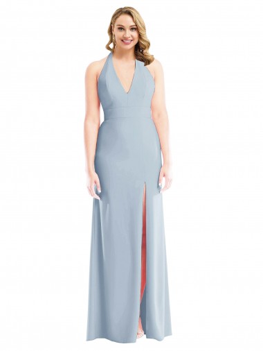Discount Plunge Neck Halter Backless Trumpet Bridesmaid Dress / Prom Dress with Front Slit