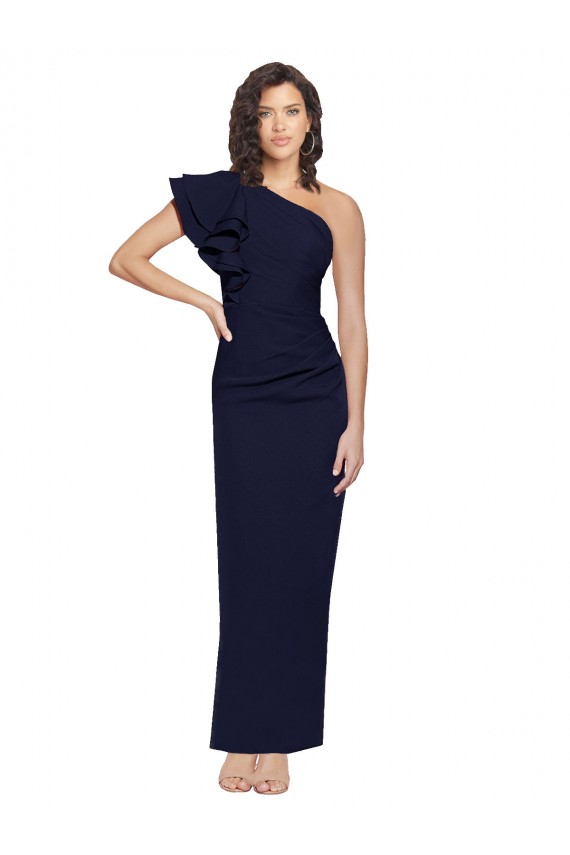 Discount Ruched Floor Length Long Formal Crepe Bridesmaid Dress / Prom Dress with Shoulder Ruffles