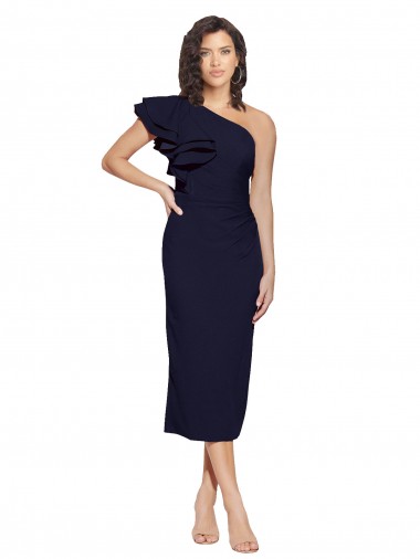 Discount Ruched Midi Length Short Cocktail Formal Crepe Bridesmaid Dress / Prom Dress with Shoulder Ruffles