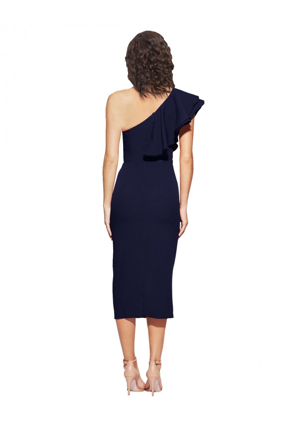 Discount Ruched Midi Length Short Cocktail Formal Crepe Bridesmaid Dress / Prom Dress with Shoulder Ruffles