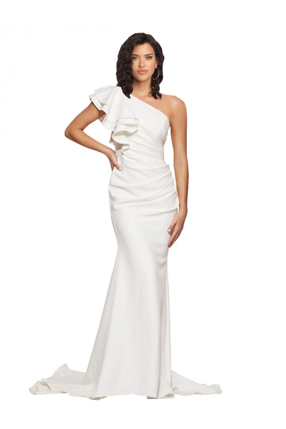 Discount Ruched Long Sweep Train Crepe Bridesmaid Dress / Prom Dress with Shoulder Ruffles
