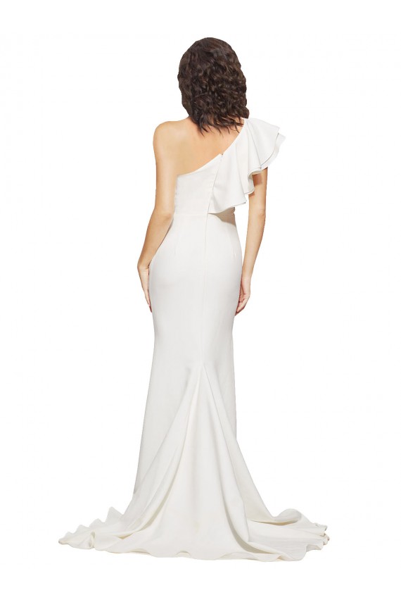 Discount Ruched Long Sweep Train Crepe Bridesmaid Dress / Prom Dress with Shoulder Ruffles