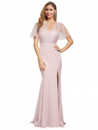 Discount Crepe Long Sweetheart Neckline Formal Bridesmaid Dress / Prom Dress with Tulle Overlay Shoulders