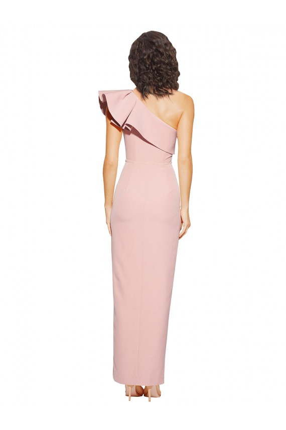 Discount Full Length One Shoulder Formal Crepe Bridesmaid Dress / Prom Dress with Side Leg Split