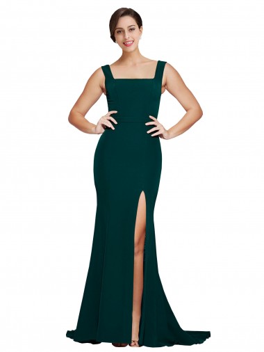 Discount Fitted Square Neck Long Crepe Bridesmaid Dress / Prom Dress with Train and Side Split