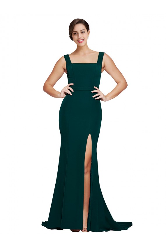 Discount Fitted Square Neck Long Crepe Bridesmaid Dress / Prom Dress with Train and Side Split