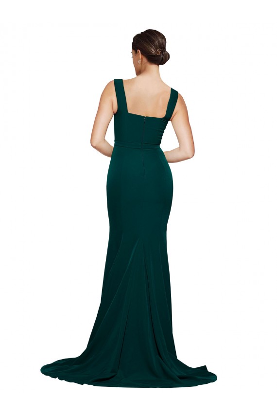 Discount Fitted Square Neck Long Crepe Bridesmaid Dress / Prom Dress with Train and Side Split