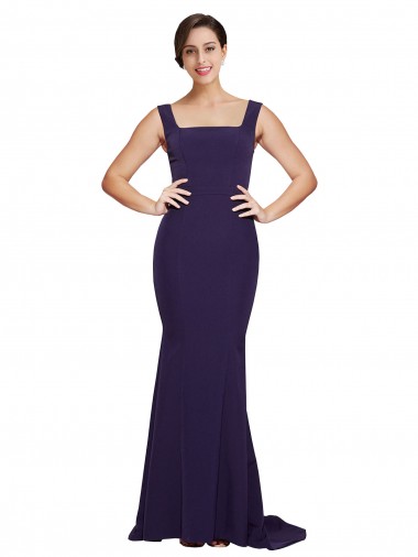 Discount Square Neck Long Sweep Train Crepe Bridesmaid Dress / Prom Dress with Thick Straps