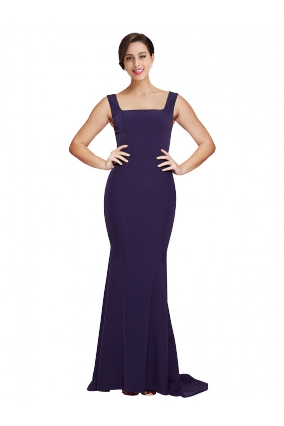 Discount Square Neck Long Sweep Train Crepe Bridesmaid Dress / Prom Dress with Thick Straps