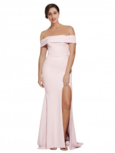 Discount Off Shoulder Long Formal Crepe Bridesmaid Dress / Prom Dress with Straight Neckline and Side Split