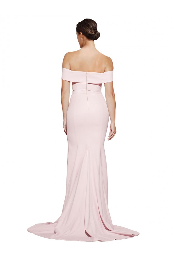 Discount Off Shoulder Long Formal Crepe Bridesmaid Dress / Prom Dress with Straight Neckline and Side Split