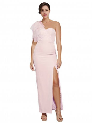 Discount One Shoulder Tulle Overlay Sweetheart Neckline Long Formal Crepe Bridesmaid Drss with Thigh Split