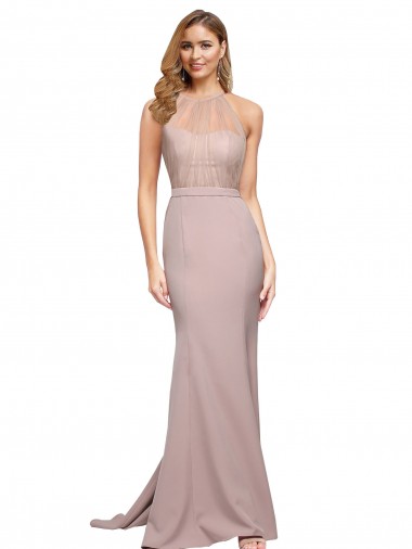 Discount Long Sweetheart Formal Crepe Bridesmaid Dress / Prom Dress with High Neck Illusion Tulle Details