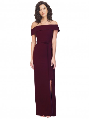 Discount Fitted Full Length Off the Shoulder Formal Crepe Bridesmaid Dress / Prom Dress with Side Split and Waist Tie