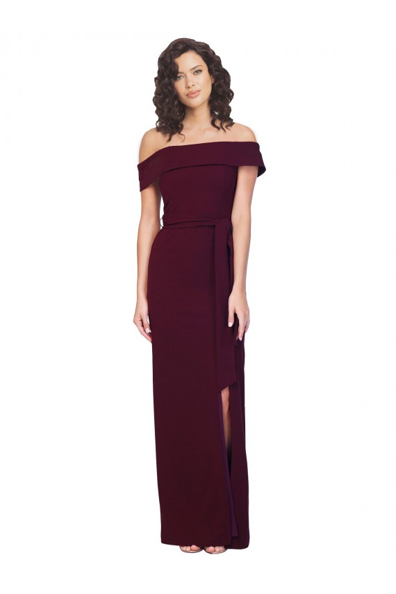 Discount Fitted Full Length Off the Shoulder Formal Crepe Bridesmaid Dress / Prom Dress with Side Split and Waist Tie