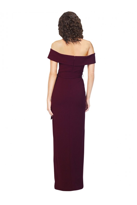 Discount Fitted Full Length Off the Shoulder Formal Crepe Bridesmaid Dress / Prom Dress with Side Split and Waist Tie