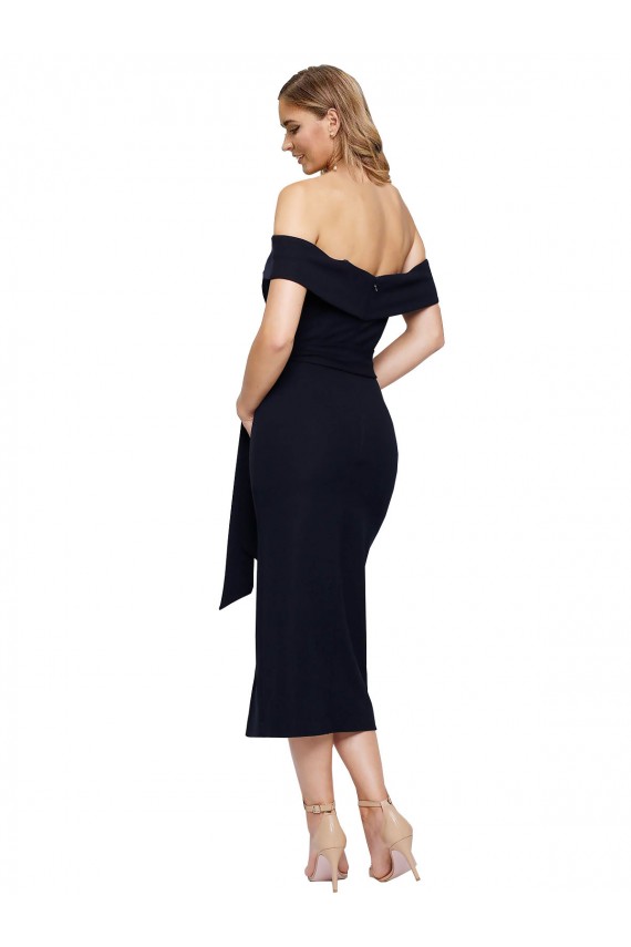 Discount Fitted Short Cocktail Midi Length Off the Shoulder Formal Crepe Bridesmaid Dress / Prom Dress with Side Split and Waist Tie