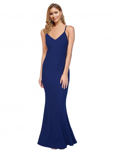 Discount Full Length V-Neckline Formal Crepe Bridesmaid Dress / Prom Dress with Thin Straps and Fulted Skirt