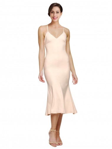 Discount Midi Cocktail Length V-Neckline Crepe Bridesmaid Dress / Prom Dress with Thin Straps and Fulted Skirt