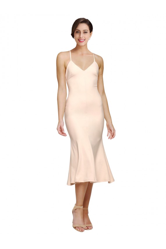 Discount Midi Cocktail Length V-Neckline Crepe Bridesmaid Dress / Prom Dress with Thin Straps and Fulted Skirt