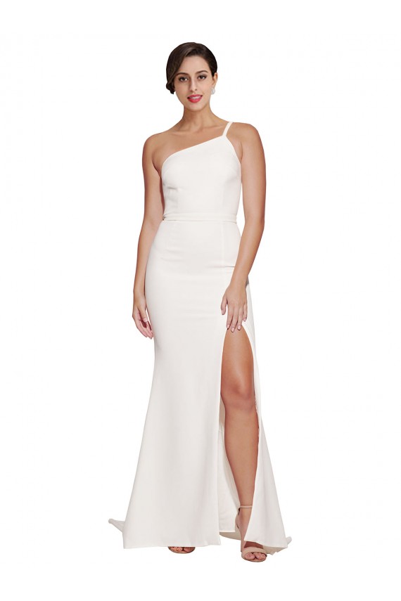 Discount Long Sweep Train Crepe Bridesmaid Dress / Prom Dress with Side Split and One Strap