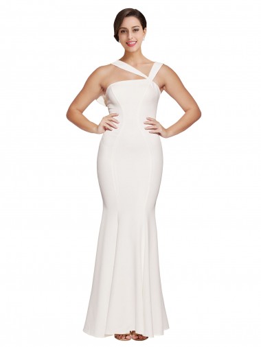 Discount Full Length Square Neck Formal Crepe Bridesmaid Dress / Prom Dress with Asymmetrical Straps and Bow Back