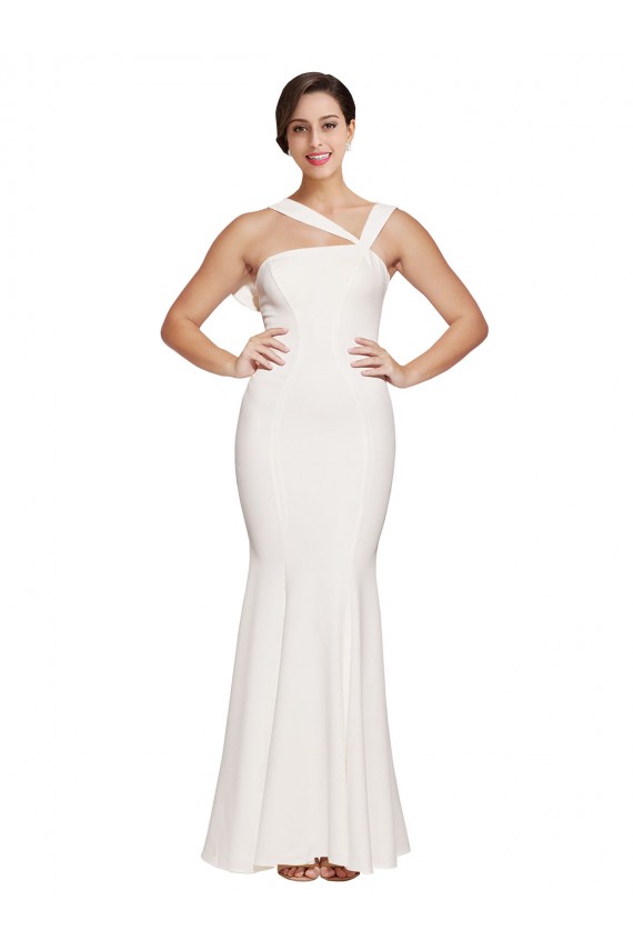 Discount Full Length Square Neck Formal Crepe Bridesmaid Dress / Prom Dress with Asymmetrical Straps and Bow Back