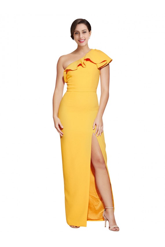 Discount One Shoulder Floor Length Formal Crepe Bridesmaid Dress / Prom Dress with Thigh High Split