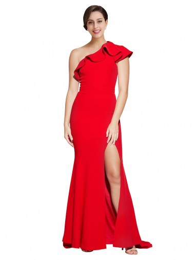 Discount One Shoulder Long Sweep Train Crepe Bridesmaid Dress / Prom Dress with Thigh High Split