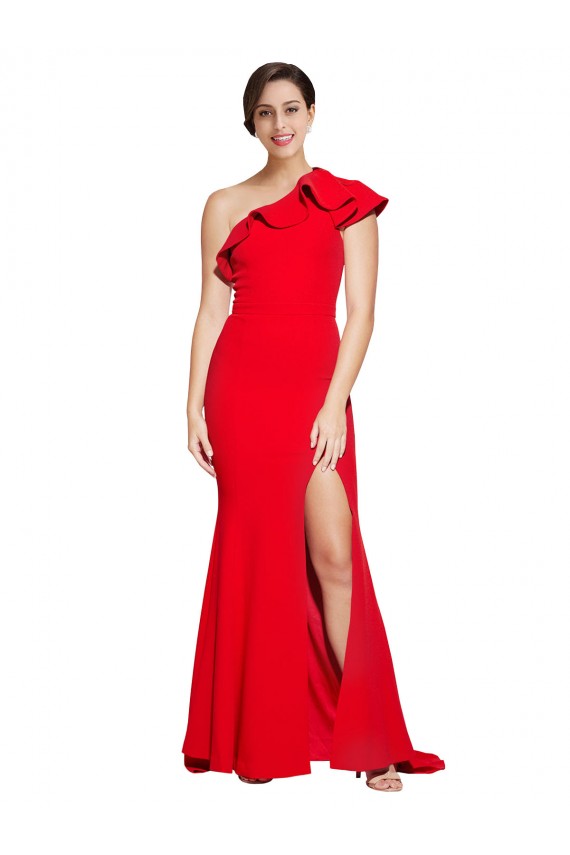 Discount One Shoulder Long Sweep Train Crepe Bridesmaid Dress / Prom Dress with Thigh High Split