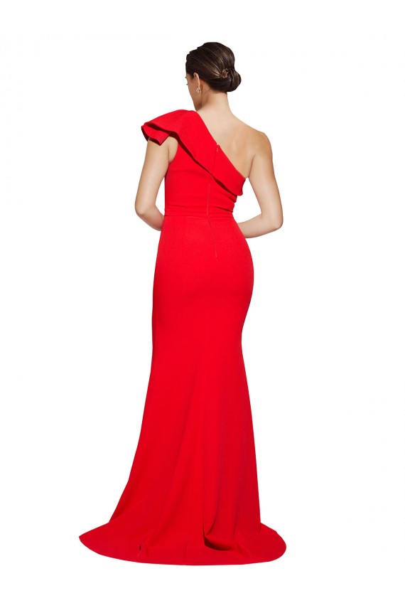 Discount One Shoulder Long Sweep Train Crepe Bridesmaid Dress / Prom Dress with Thigh High Split