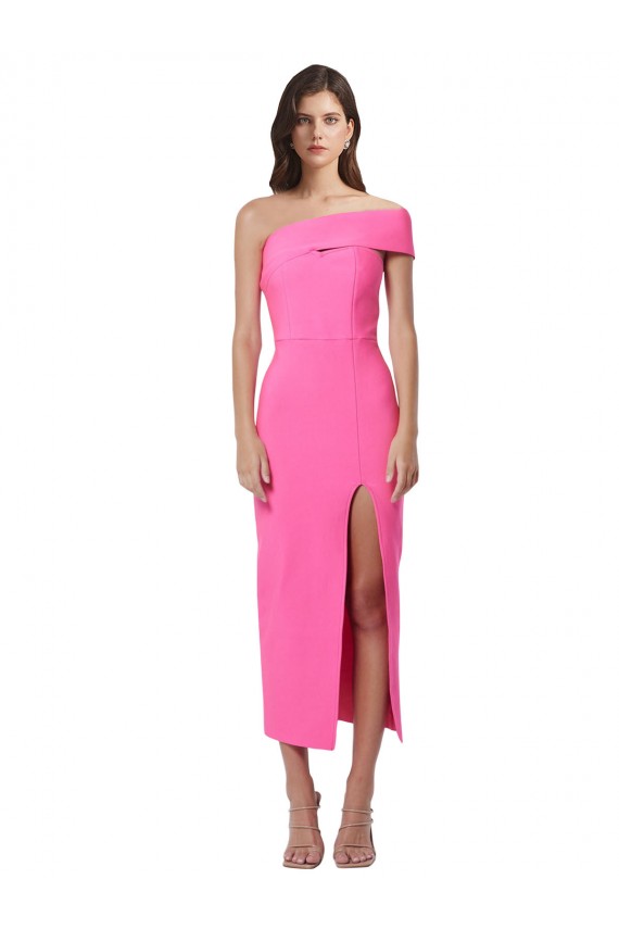 Discount One Shoulder Neckline Short Midi Length Formal Crepe Bridesmaid Dress / Cocktail Prom Dress